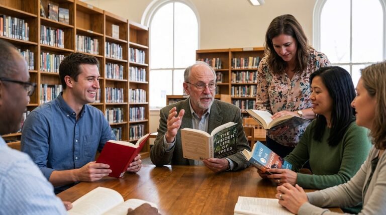 library, books, discussion, learning, education, group, reading, academic, literature, scholars, community, knowledge, shelves, research, interaction, classic, table, study, people, interest, ai generated